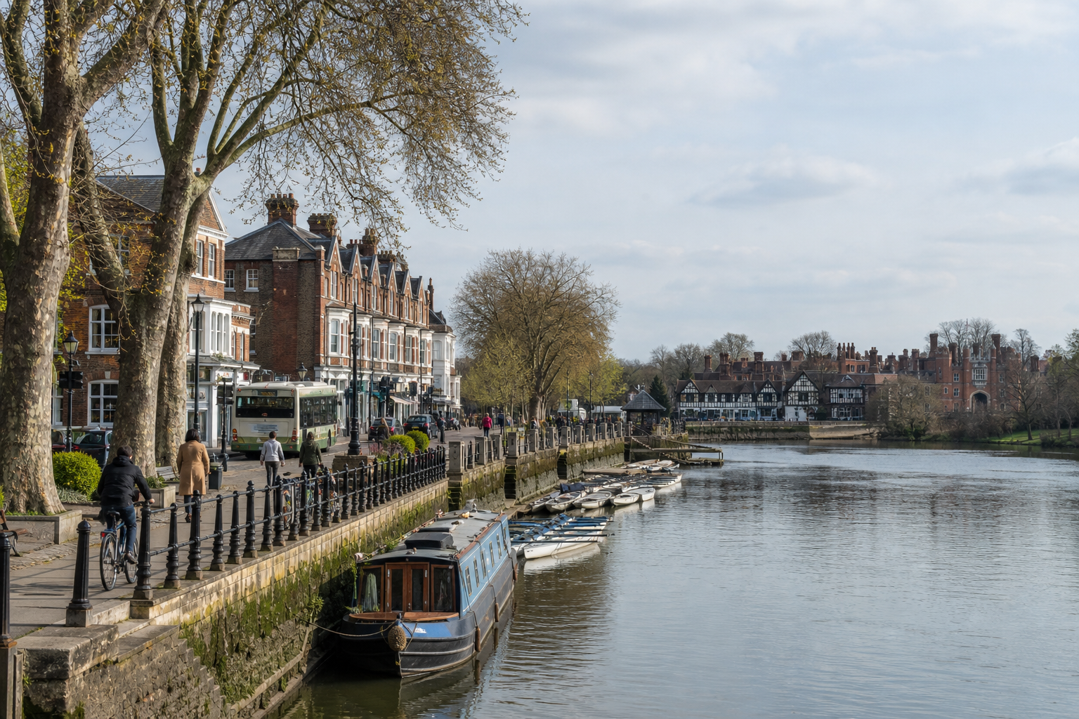 Riverside path with people walking and cycling, boats docked along the water, and historic buildings in the background.