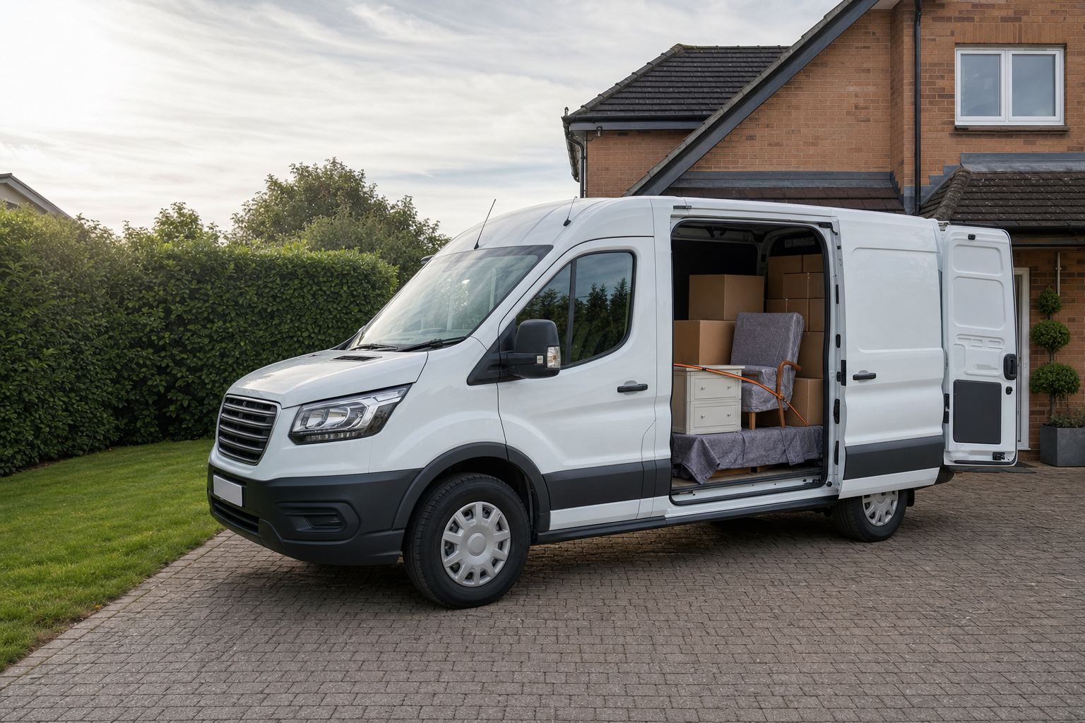 White moving van parked in a driveway, loaded with furniture and cardboard boxes.