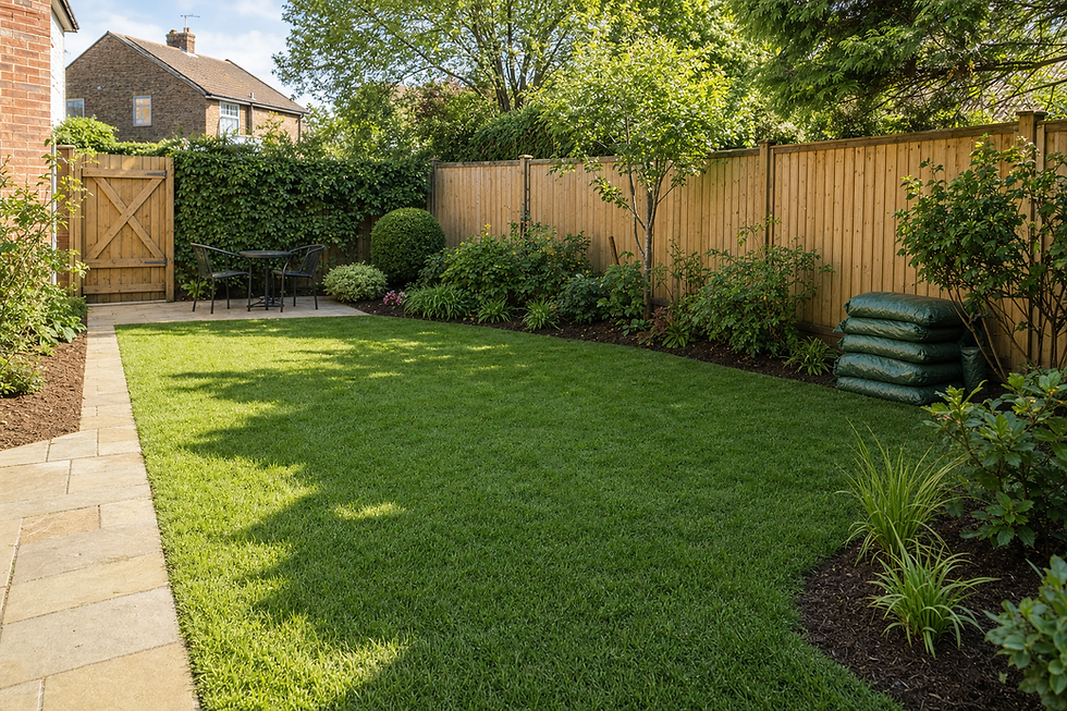 A well-maintained garden with a wooden fence, green lawn, patio furniture, and stacked bags of soil.