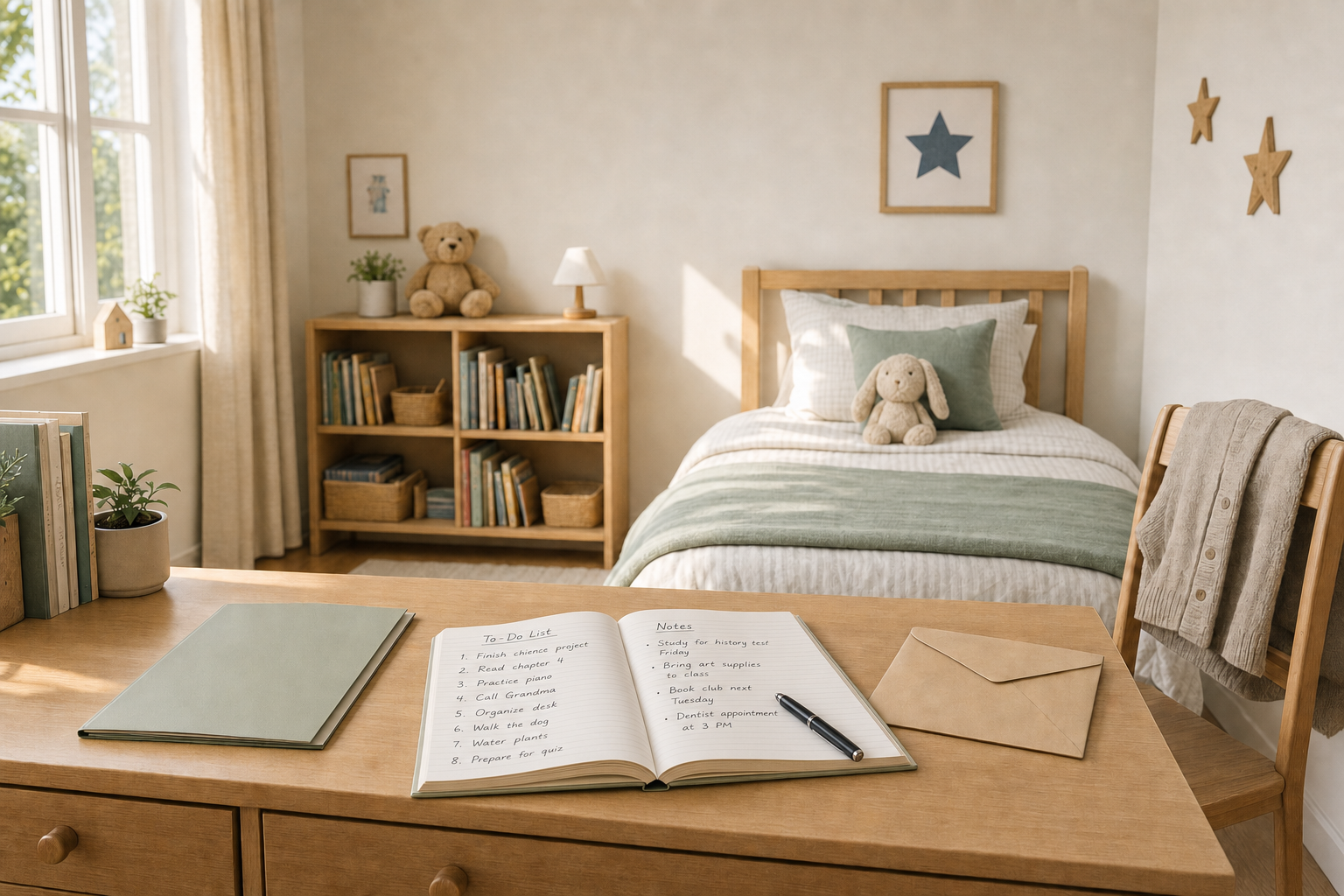 A tidy bedroom with a wooden desk featuring an organised to-do list, next to a neatly made bed and bookshelf.