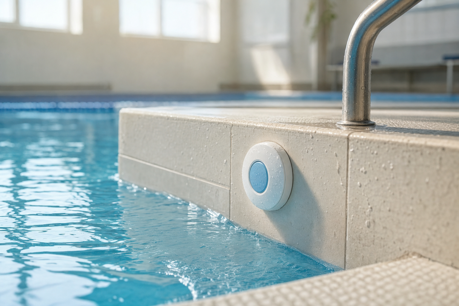A swimming pool with a circular pool light embedded in the poolside tiles next to a metal handrail.