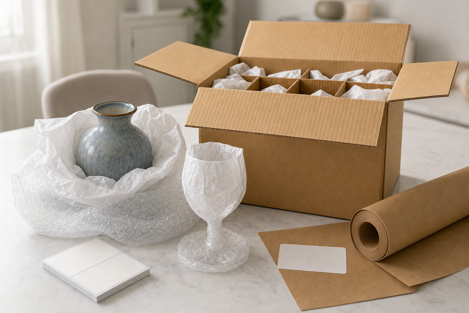 A ceramic vase and glass goblet prepared for packing next to a cardboard box with dividers and brown wrapping paper.
