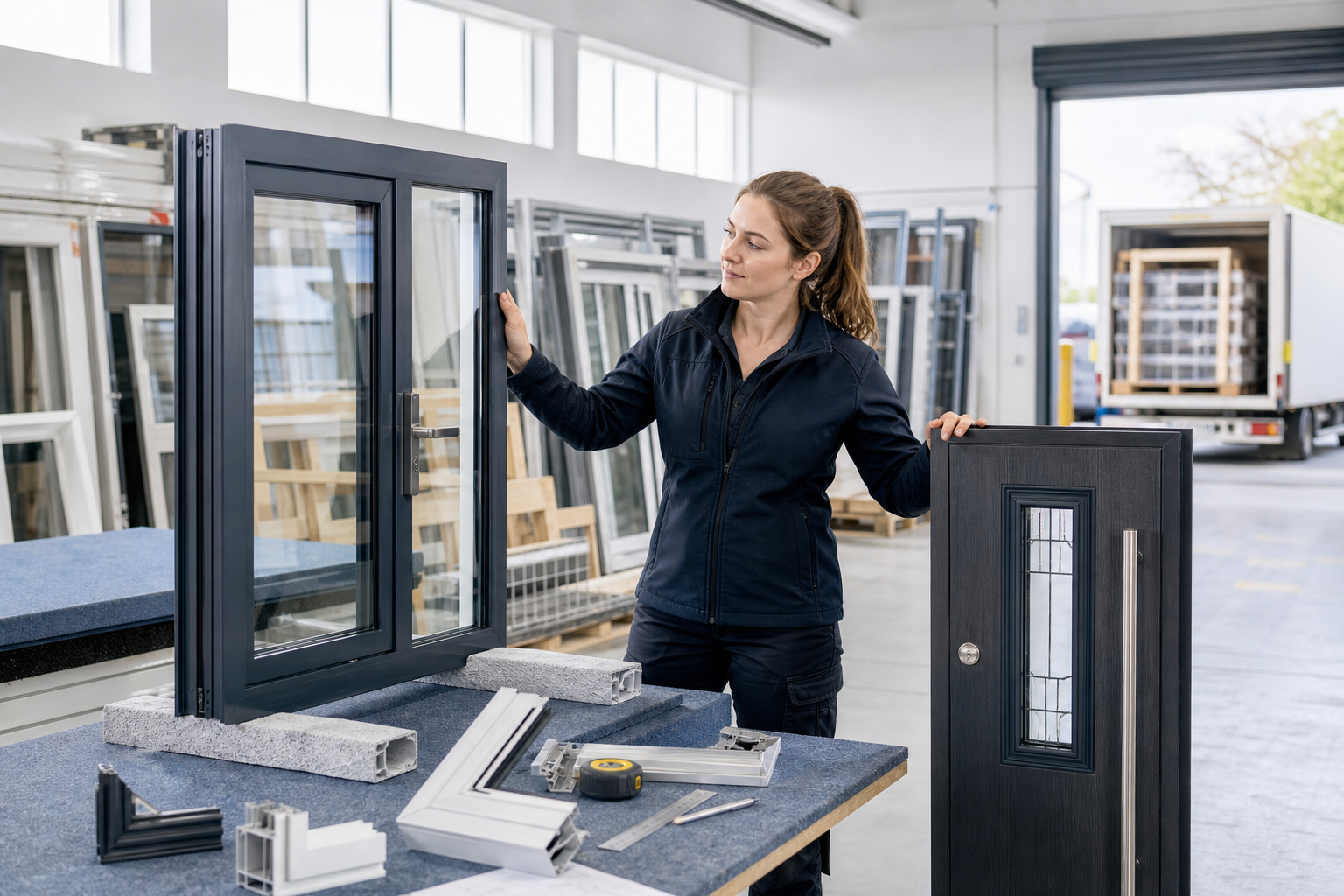 Woman in a workshop inspects a window next to a door, surrounded by construction materials.