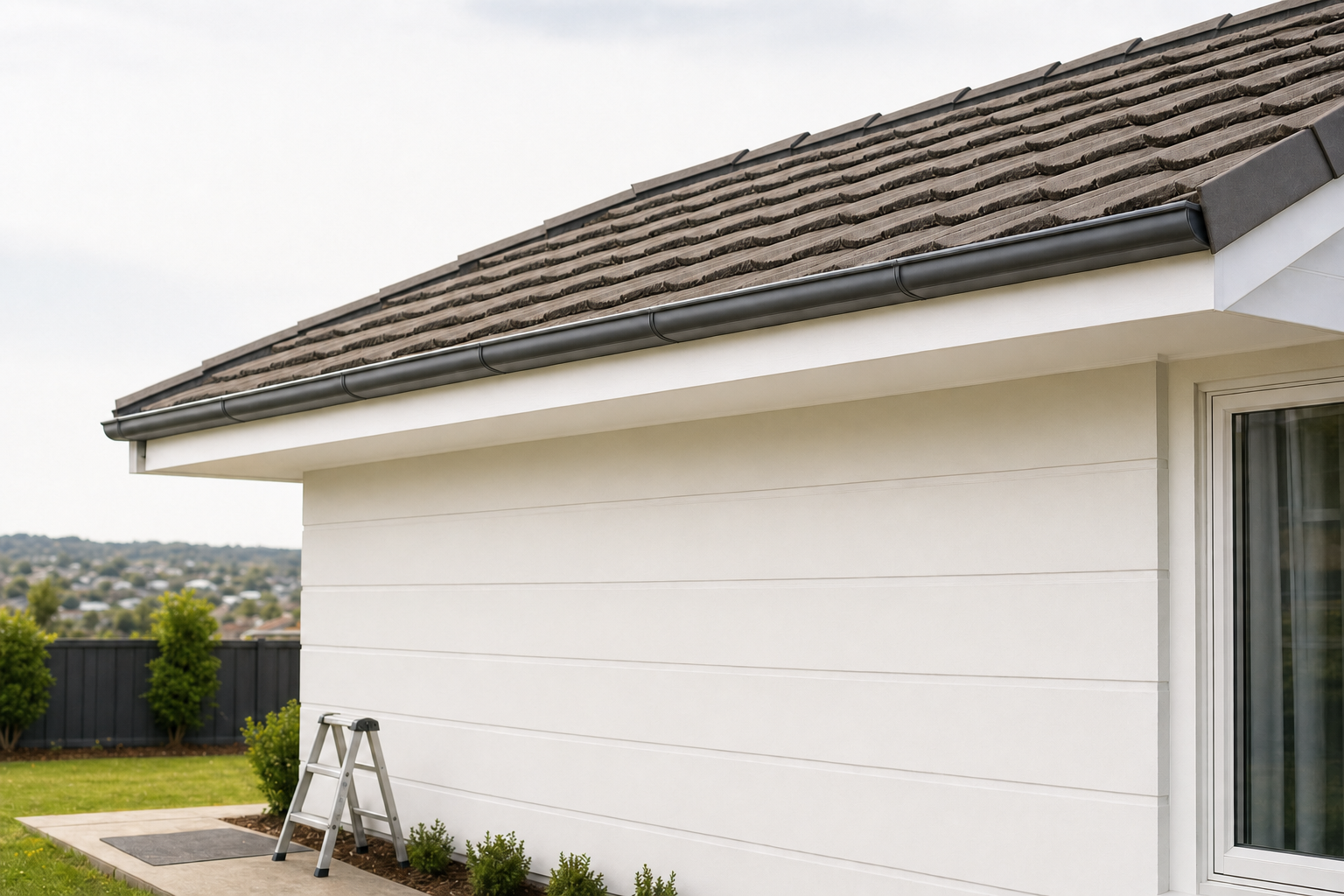 A house with a tiled roof and a black gutter, accompanied by a ladder set against a white wall in the garden.