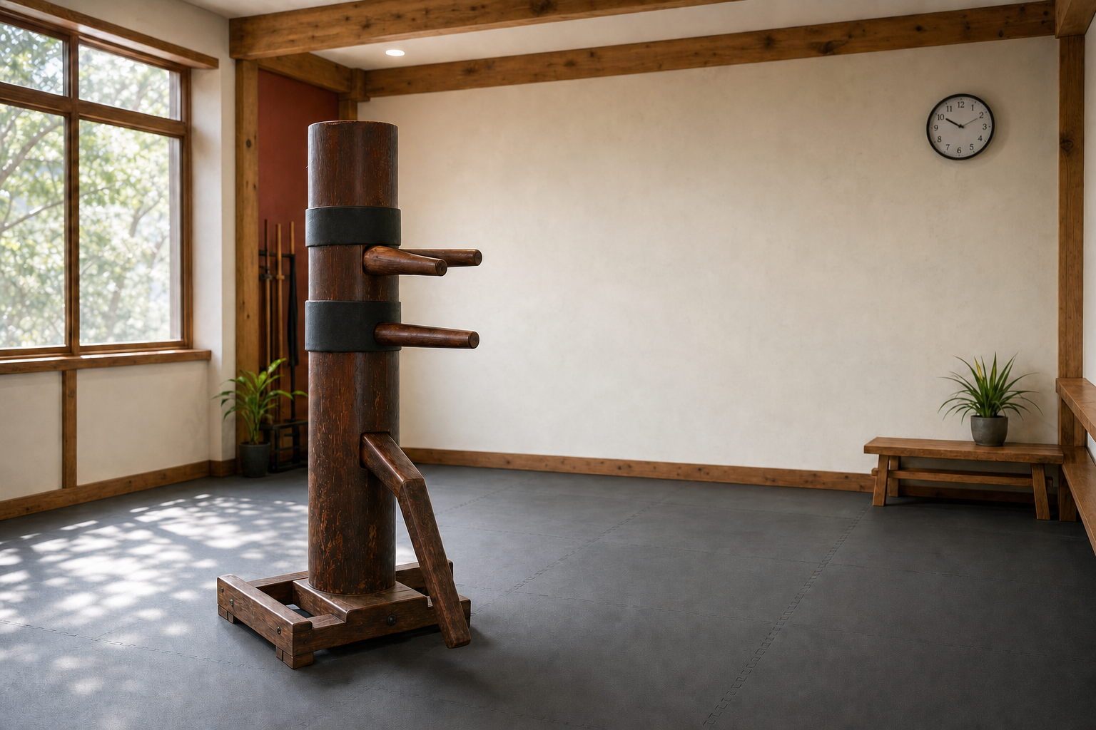 A wooden Wing Chun dummy stands in a sunlit martial arts training room with a clock and plants.