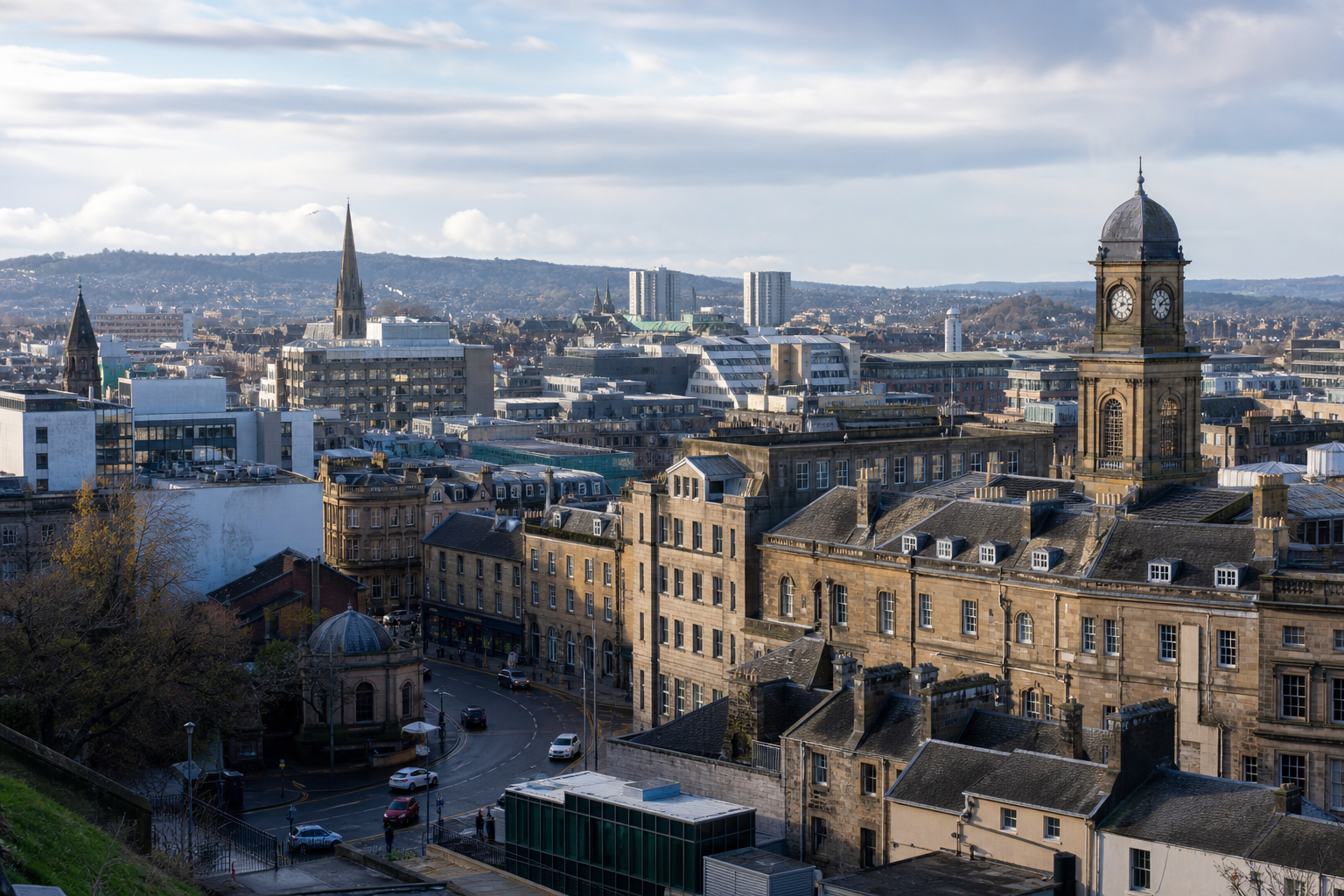 Aerial view of a historic cityscape with a mix of traditional and modern buildings under a cloudy sky.