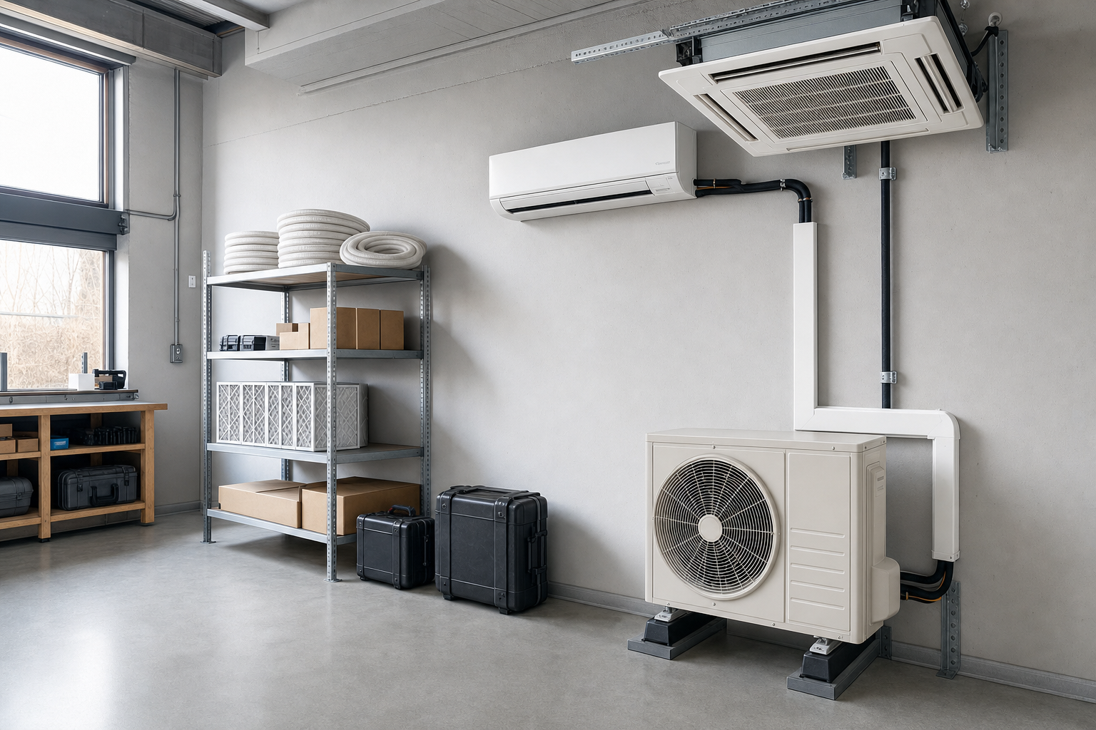 An air conditioning unit is installed in a modern workshop with storage shelves and equipment cases nearby.