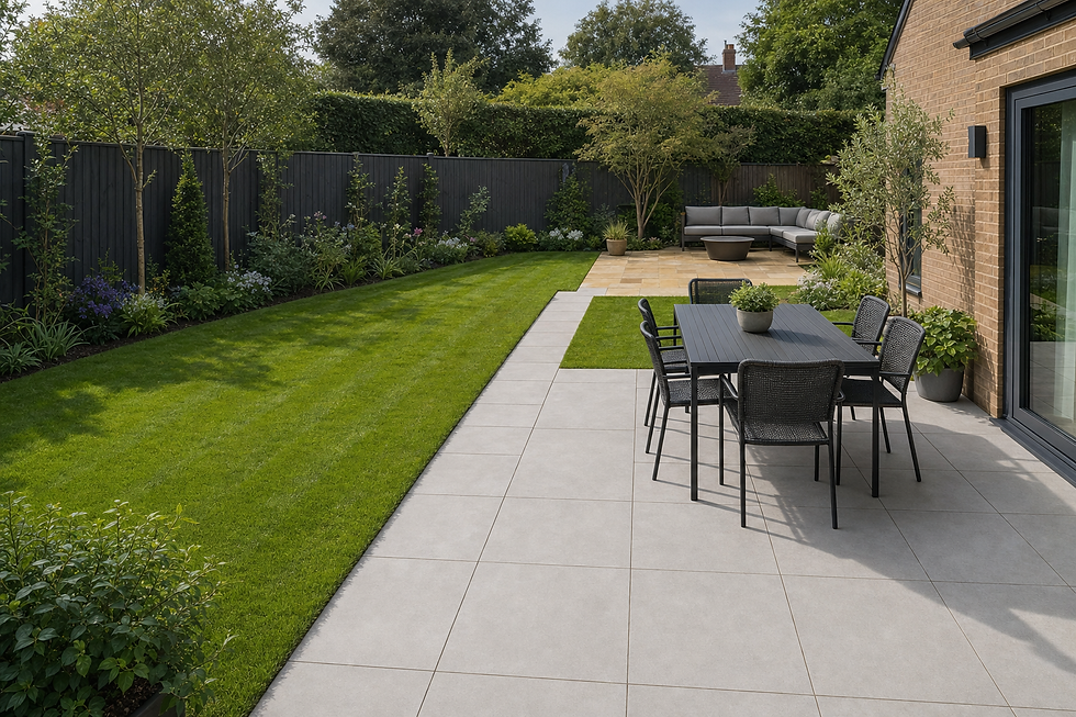 Modern garden with a patio, dining area, and lush greenery, bordered by a wooden fence with a seating area in the corner.