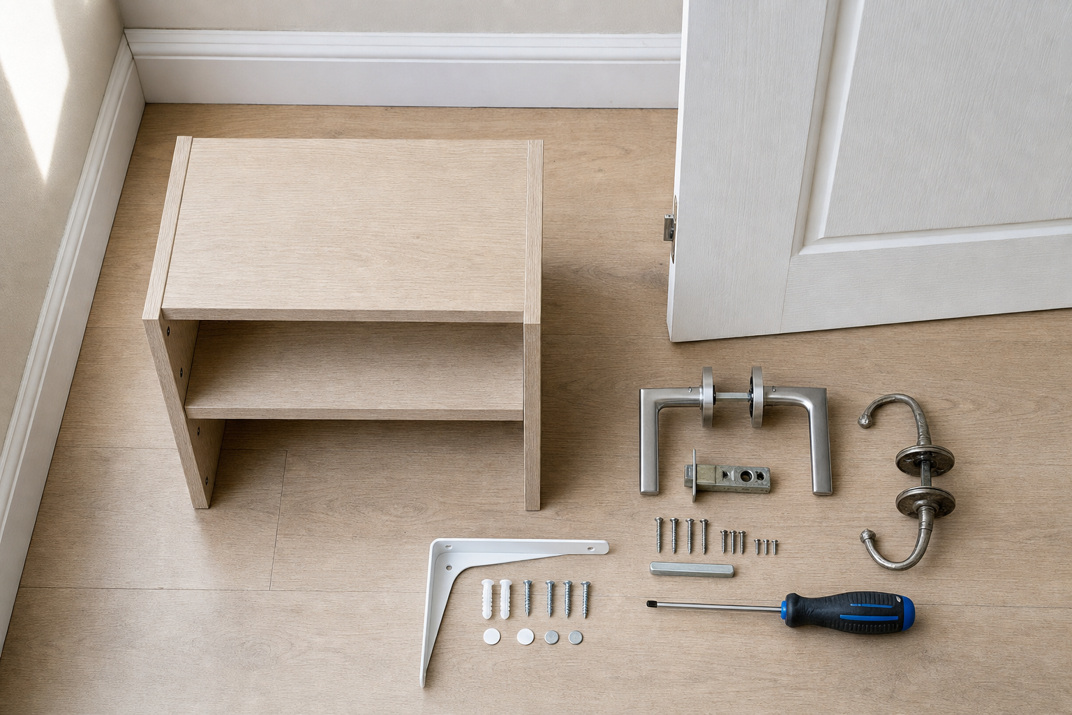 A small wooden shelf and various door hardware are arranged on a light wood floor near a white door.