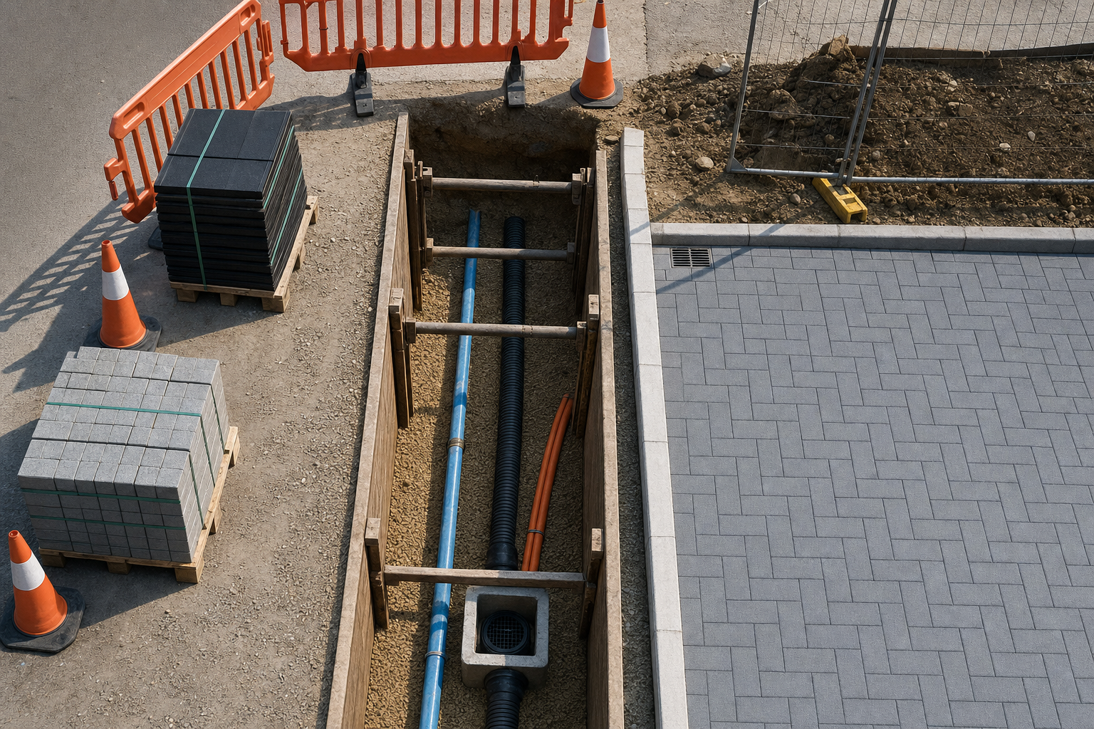 Construction site with an open trench containing pipes, surrounded by safety cones and paving slabs.