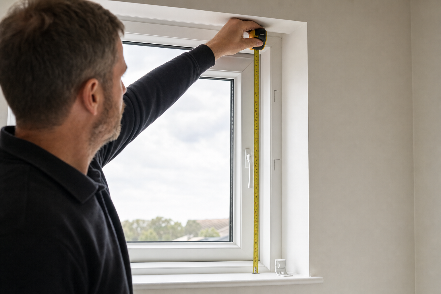 A person uses a tape measure to assess the height of a window.