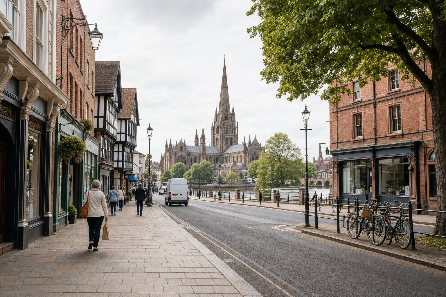 A historic street lined with shops and a view of a grand cathedral in the distance.