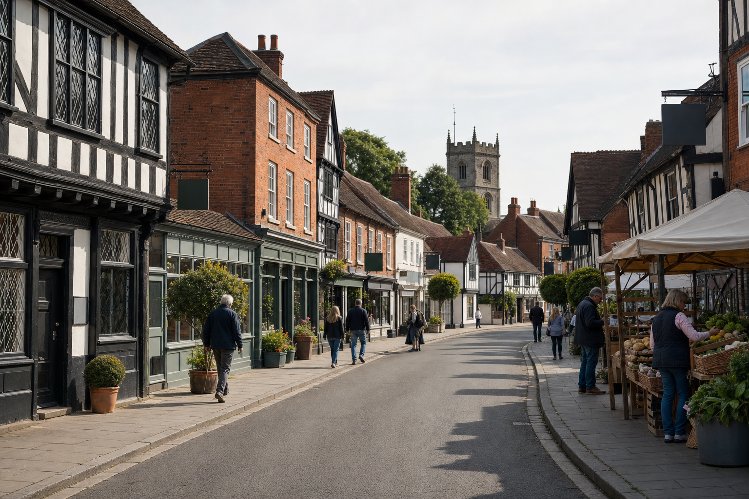 A quaint British street scene features half-timbered buildings, a church tower, and a market stall with people browsing.