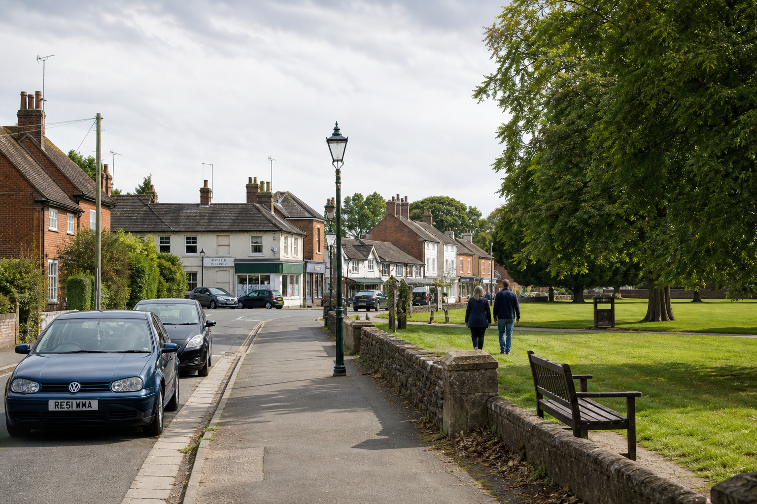 Street view of a quiet village with parked cars, shops, and people walking by a green park.