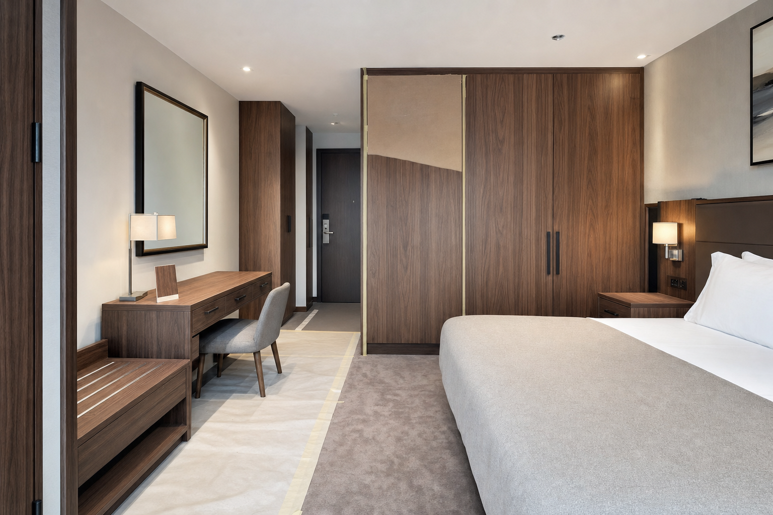 Modern hotel room with a large bed, wooden furnishings, a work desk, and a wardrobe.