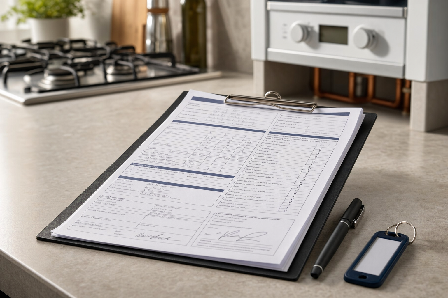 Inspection checklist on a clipboard with a pen and key fob on a kitchen counter near a stove.