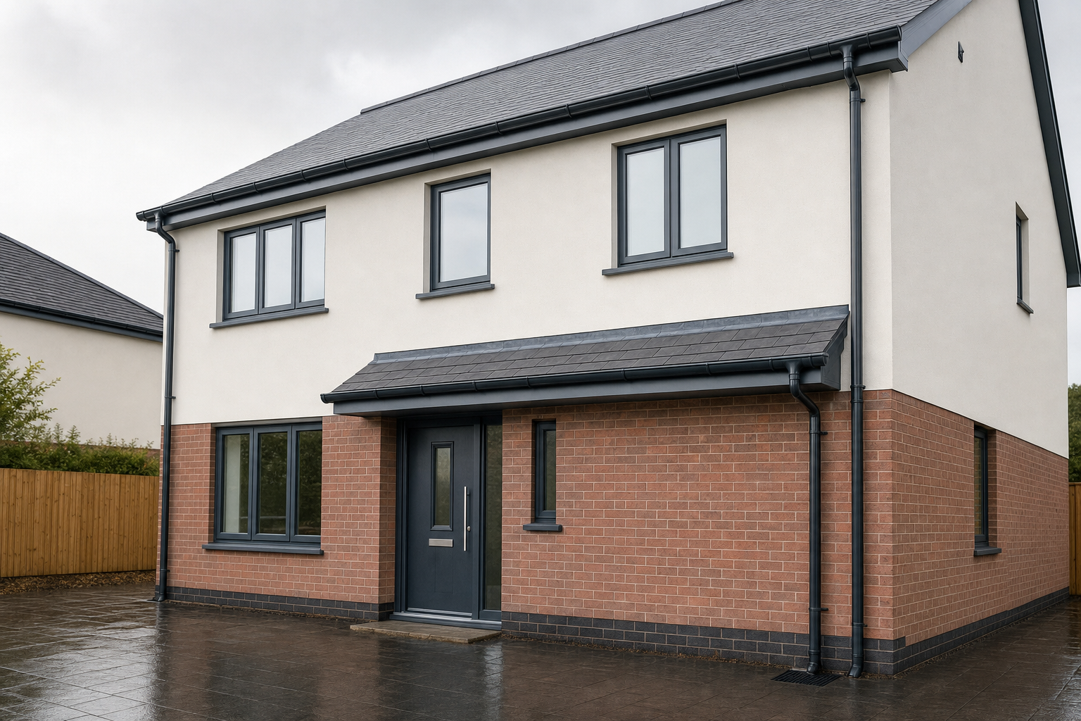 A modern two-storey house with red brick and cream plaster, featuring grey window frames and a wet paved driveway.