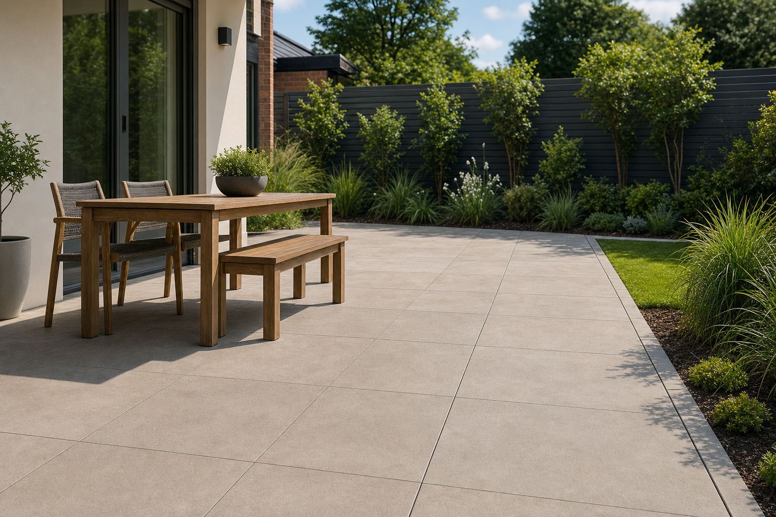 Modern patio with wooden dining set, surrounded by lush greenery and a sleek privacy fence.