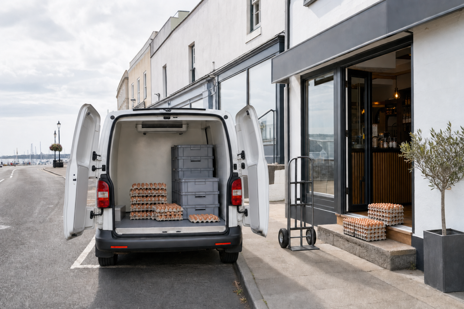 White delivery van with open doors revealing egg cartons and crates, parked outside a shop entrance with a trolley.