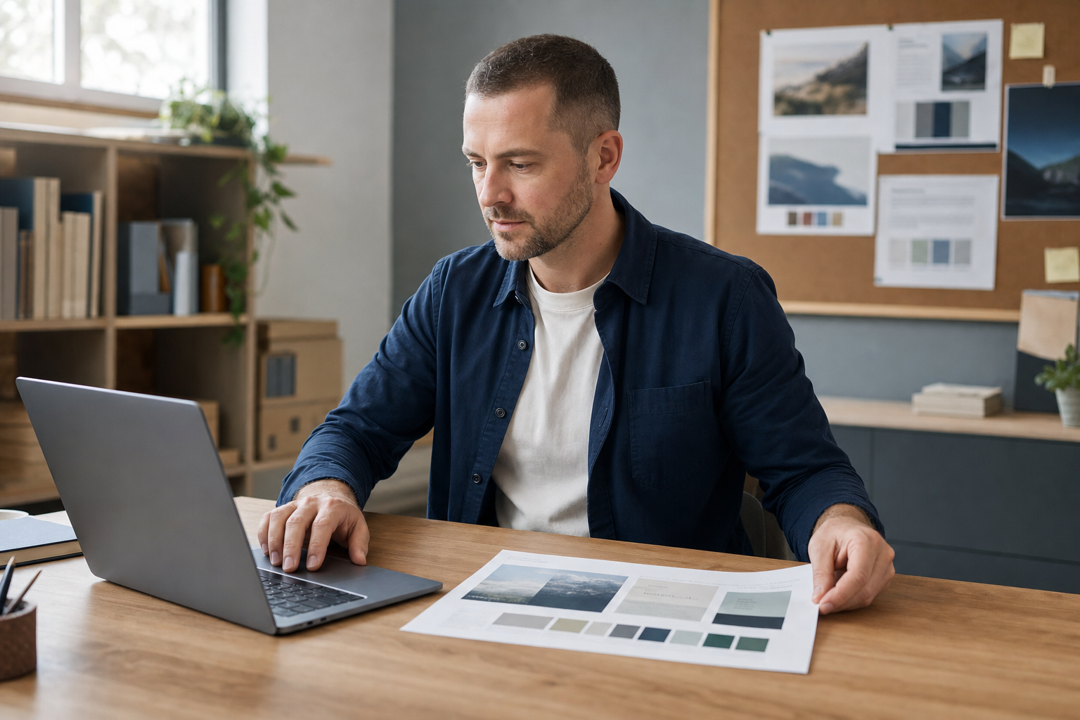 Man working at a desk with a laptop and design documents in a modern office setting.