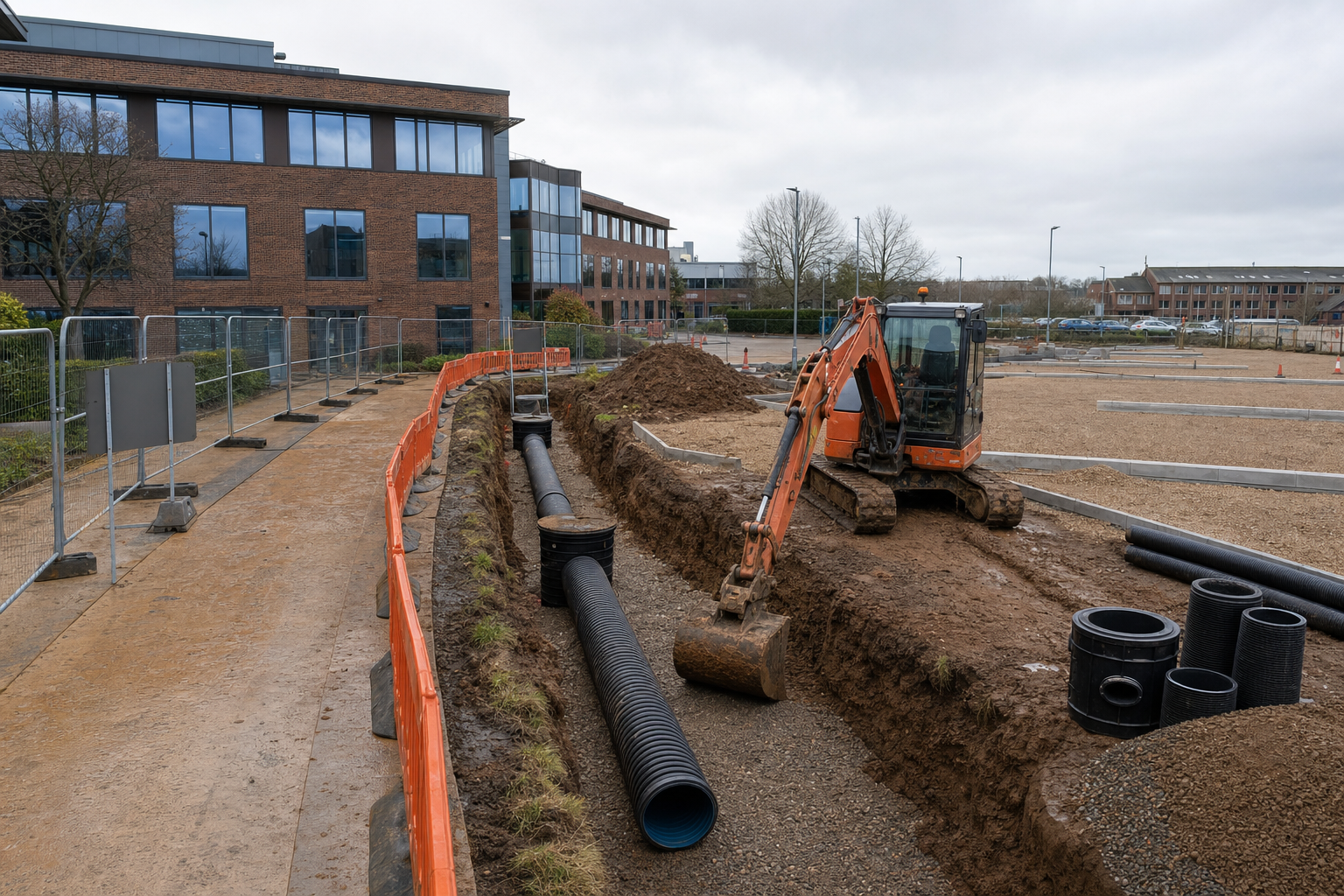 An excavator digging a trench for drainage pipes at a construction site beside office buildings.