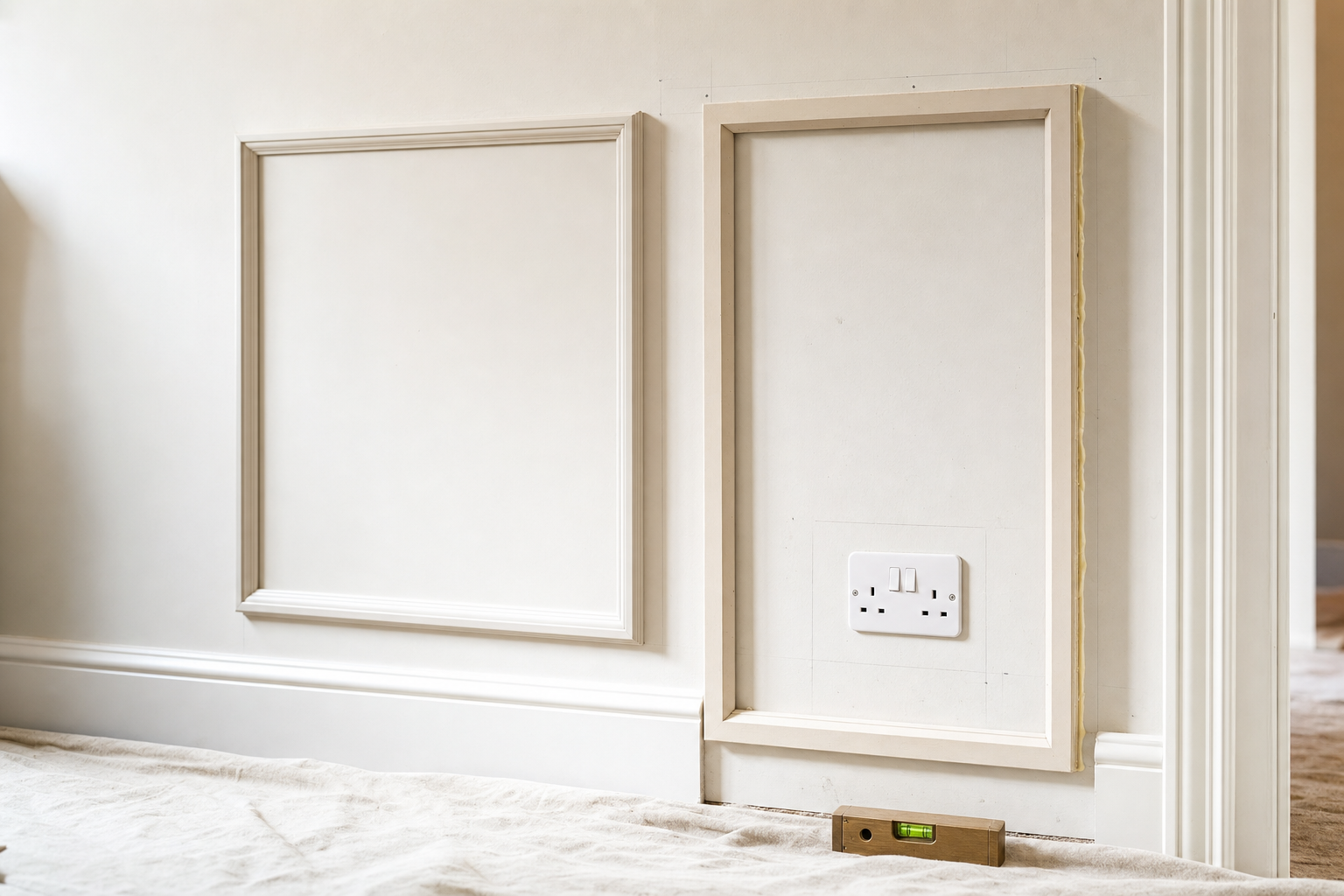 Decorative wall panelling frames installed around a double power socket.