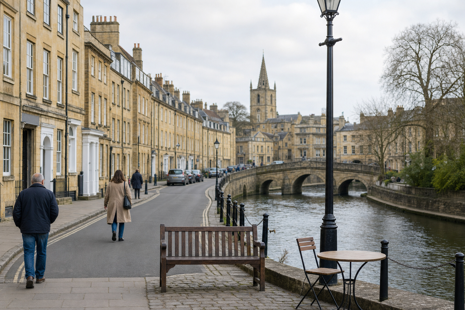 People walk along a riverside street lined with historic buildings and a stone bridge in an English town.