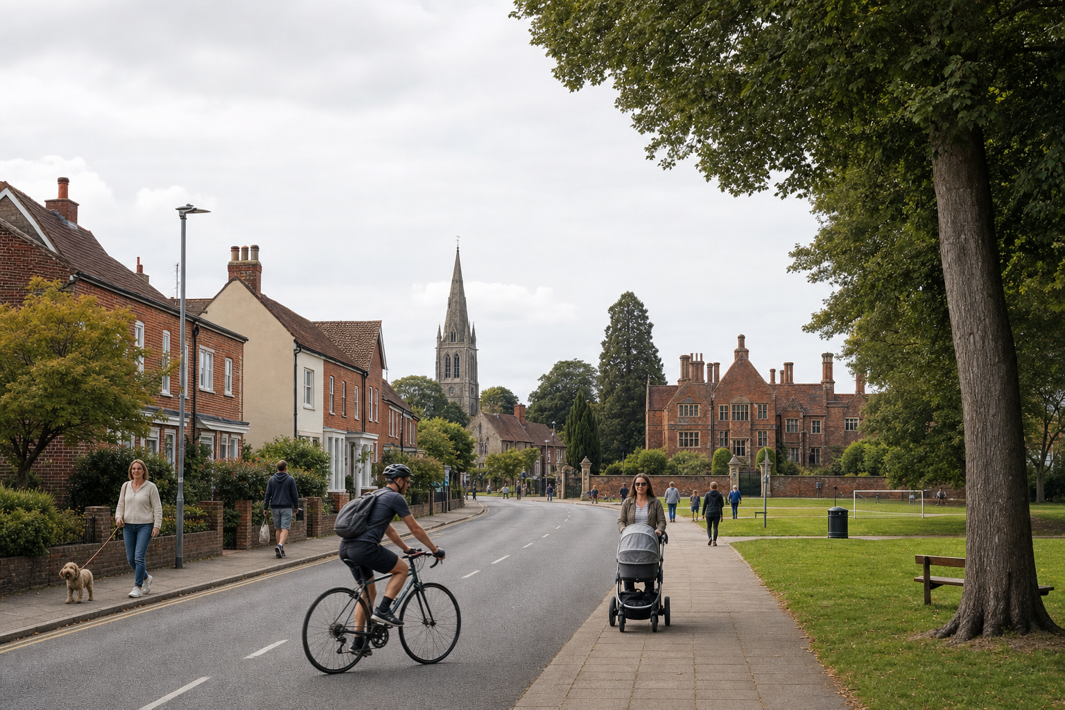 People walking and cycling on a tree-lined street in a village with a church spire and historic building in the background.