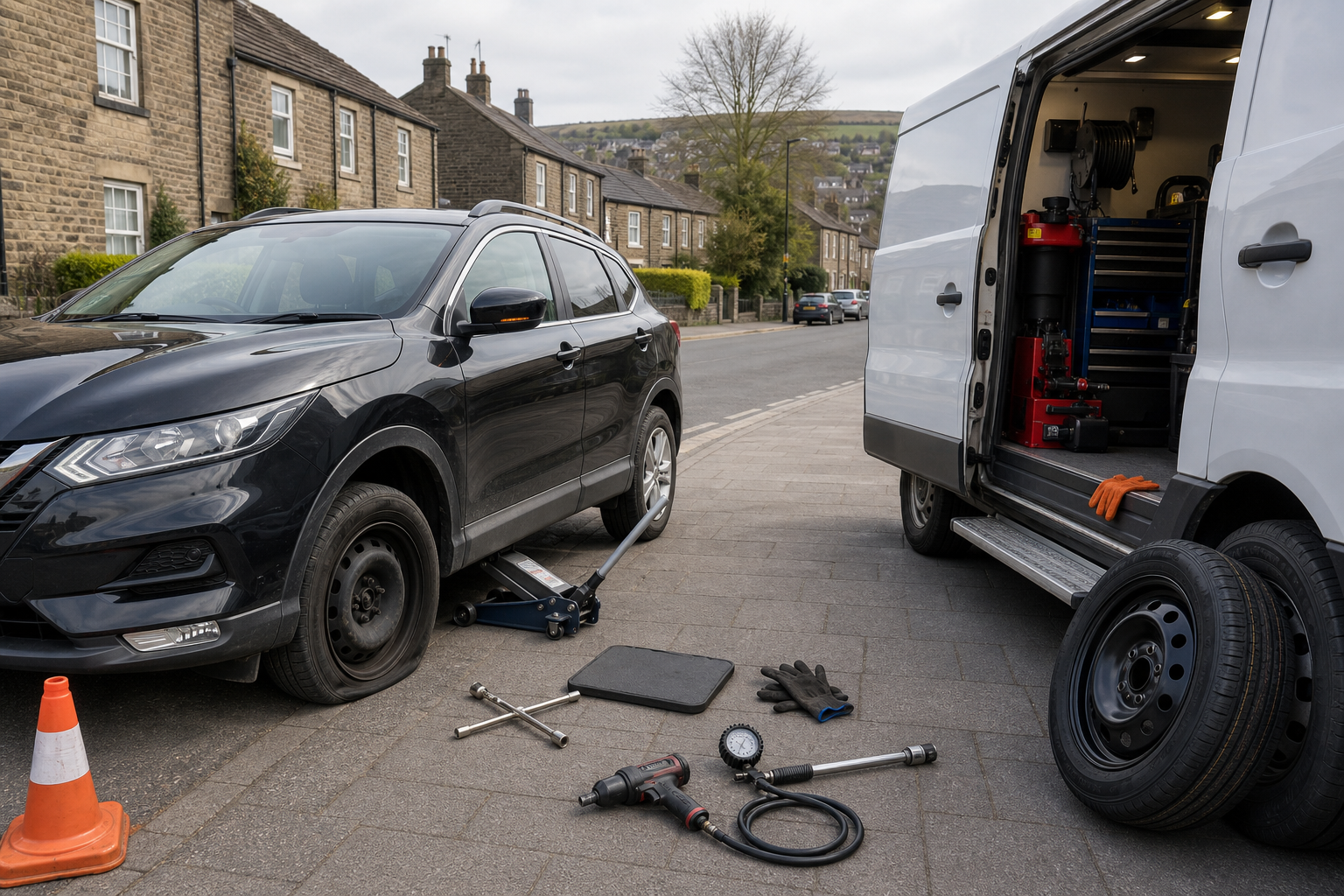 Car with a missing wheel on a lift, tools and spare tyre nearby, van with open door on a residential street.