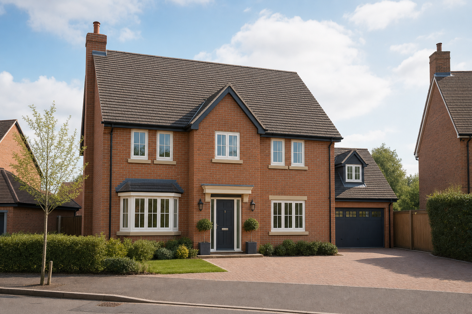 A modern detached brick house with a well-maintained garden and driveway under a partly cloudy sky.
