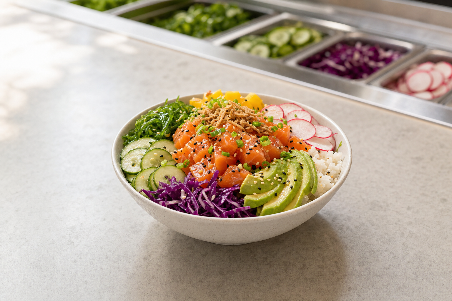 A colourful poke bowl with salmon, avocado, cucumber, and radish served on a stone countertop.