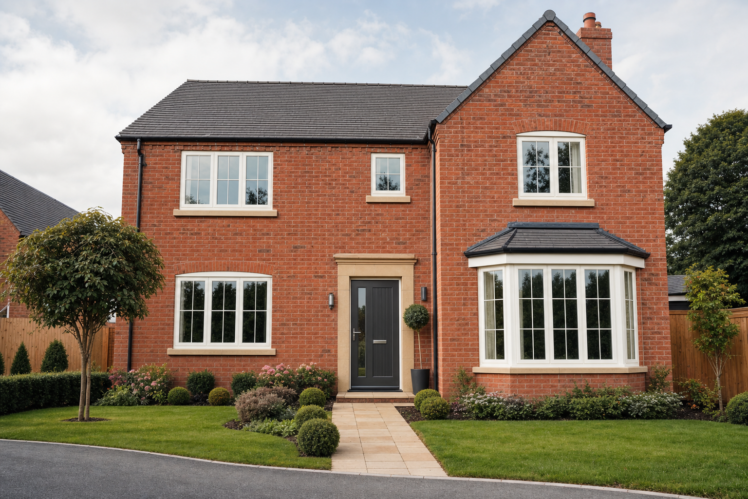 A two-storey red brick house with a tidy garden and symmetrical windows on a cloudy day.