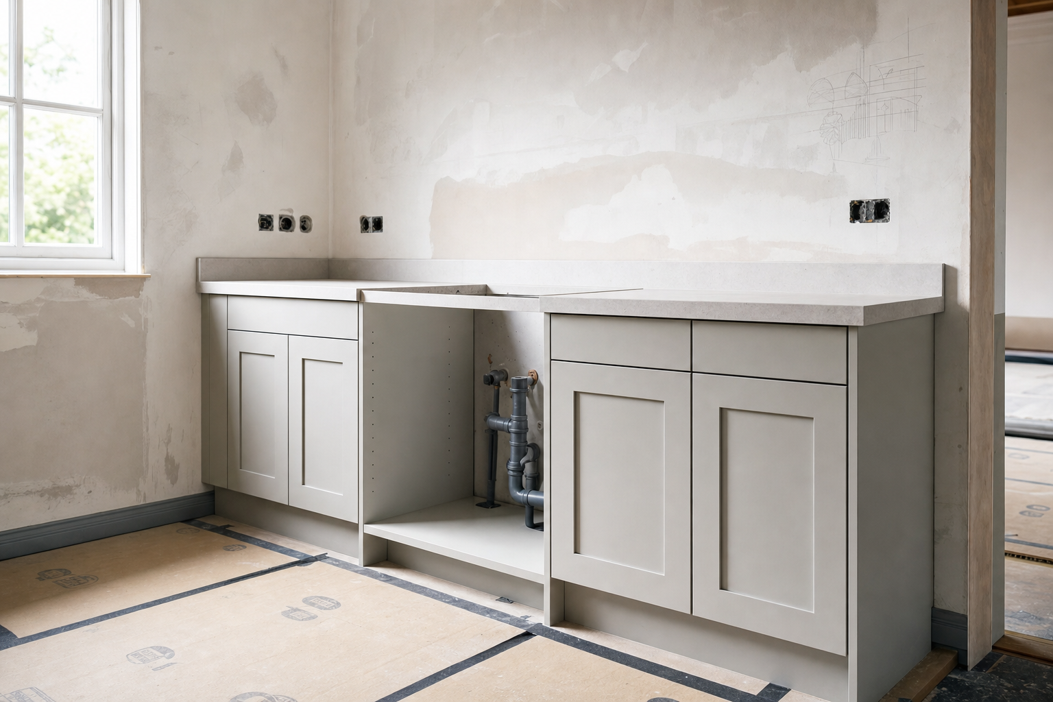 Unfinished kitchen with light grey cabinets, exposed piping, and missing appliances near a window.