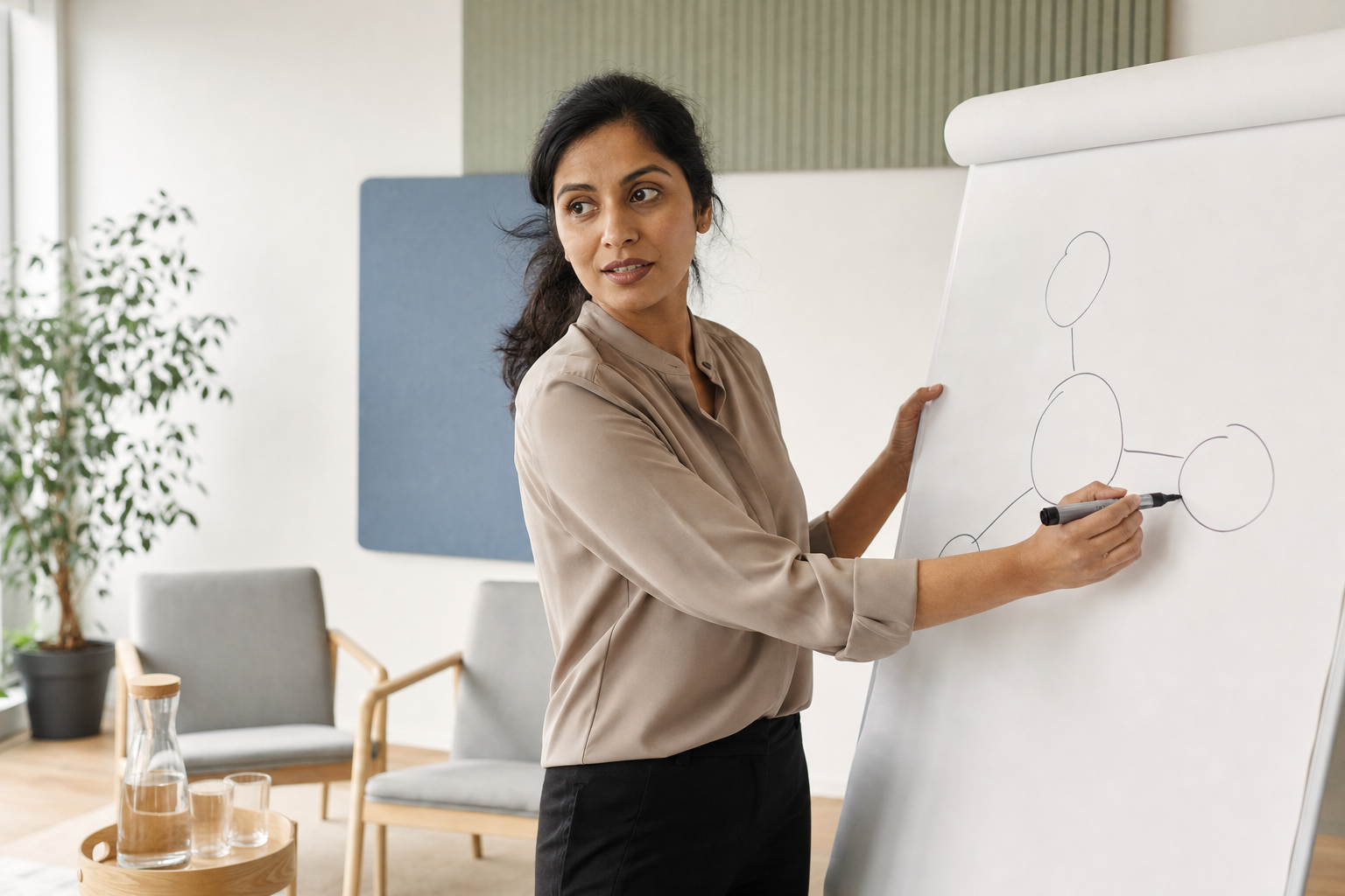 A woman in a beige blouse draws a diagram on a flip chart in a modern office setting.