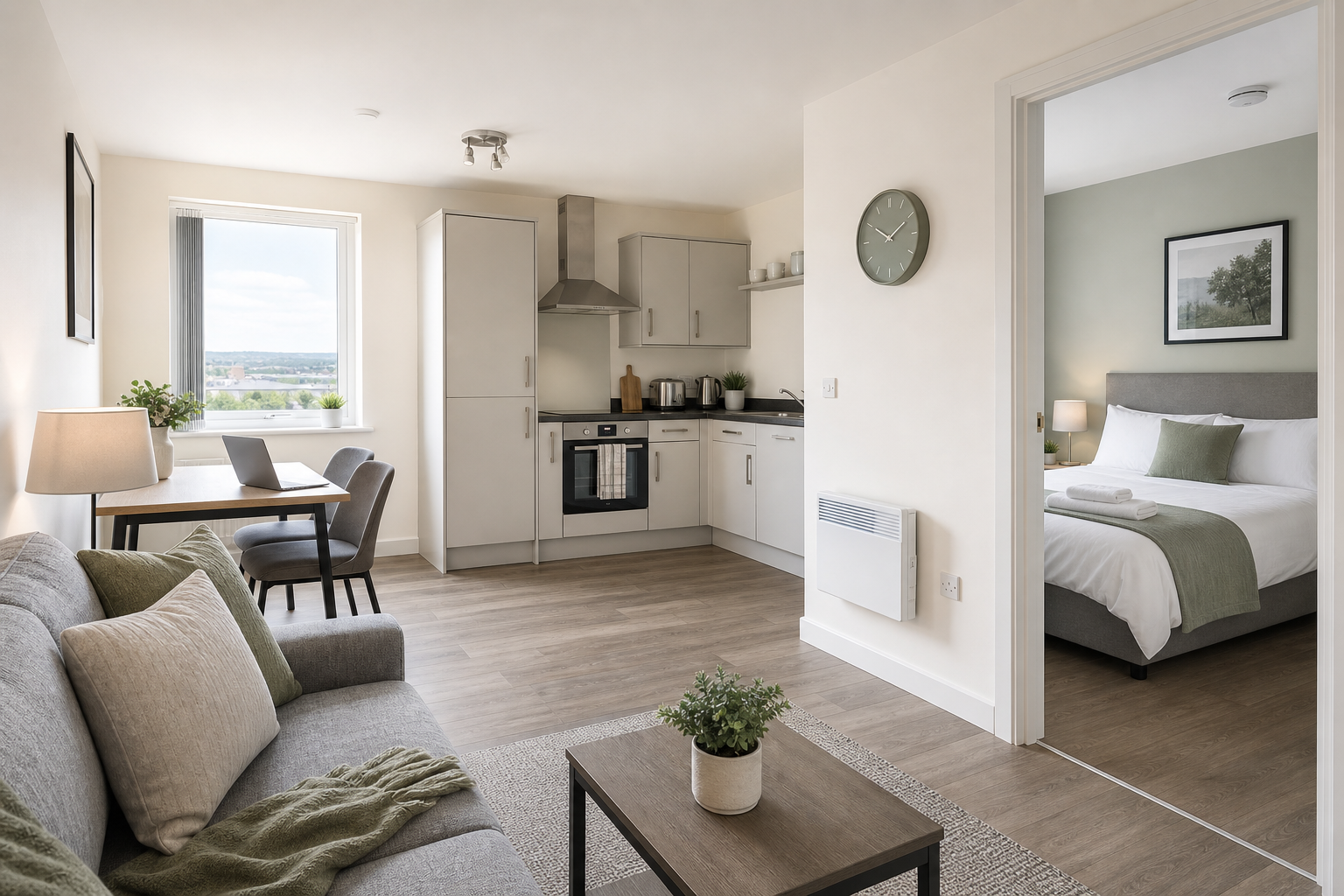 Modern open-plan living area with a kitchen, desk, sofa, and a view into an adjacent bedroom with natural light.