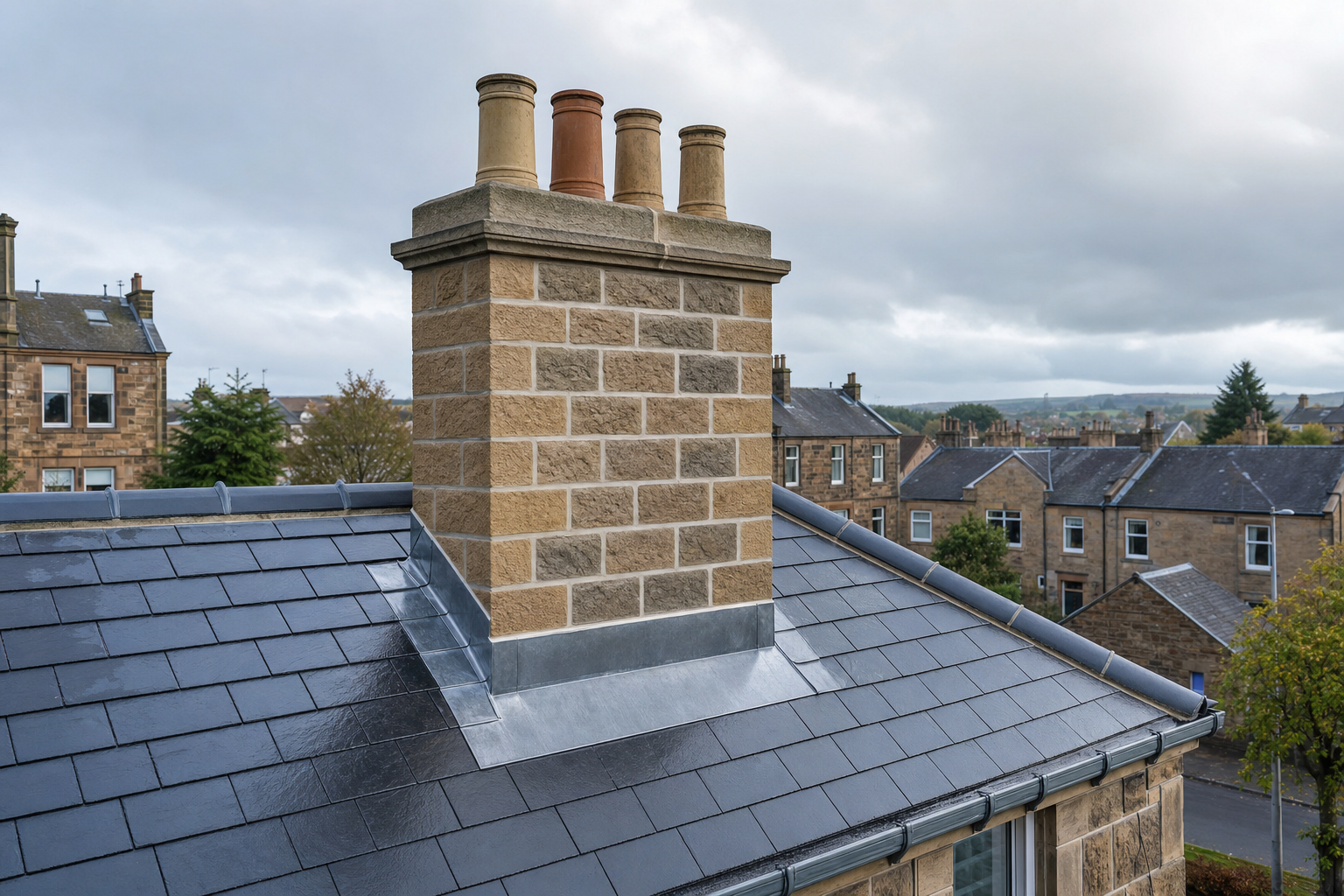 Stone chimney with multiple flues on a slate roof overlooking a residential area under a cloudy sky.