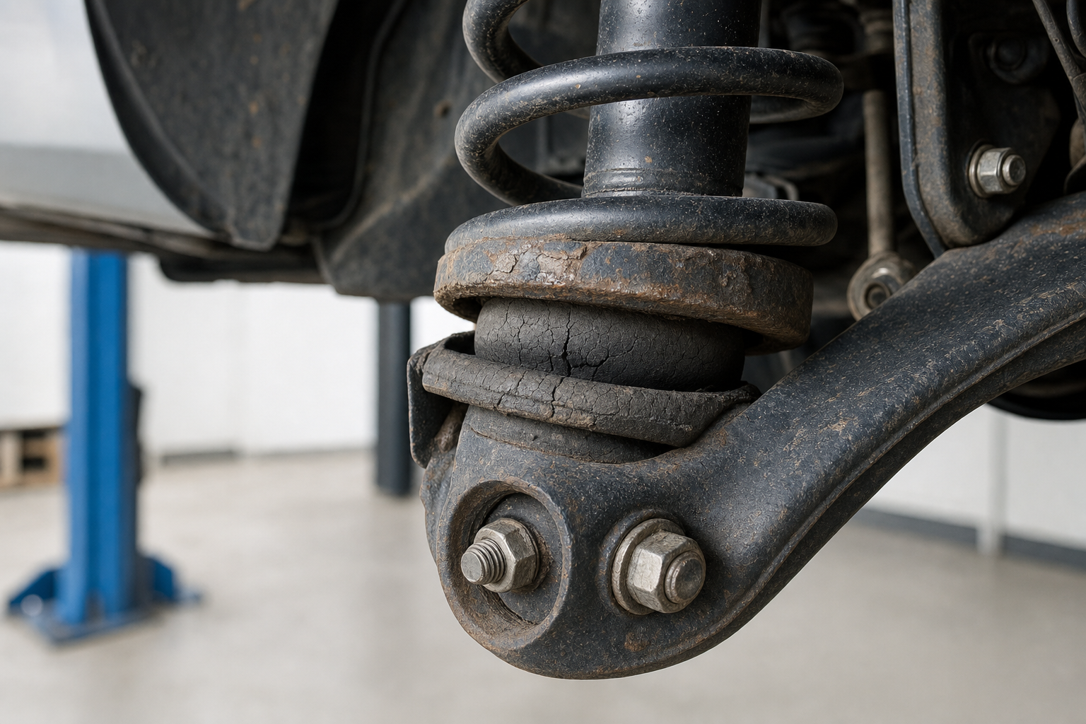 Close-up of a vehicle's worn and cracked suspension system inside a garage.
