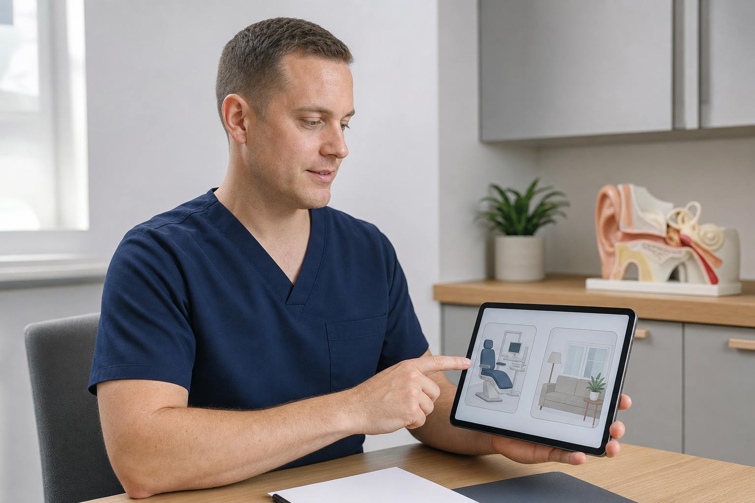 Medical professional in blue scrubs pointing to a tablet with illustrations of a clinic and living room, model ear in background.