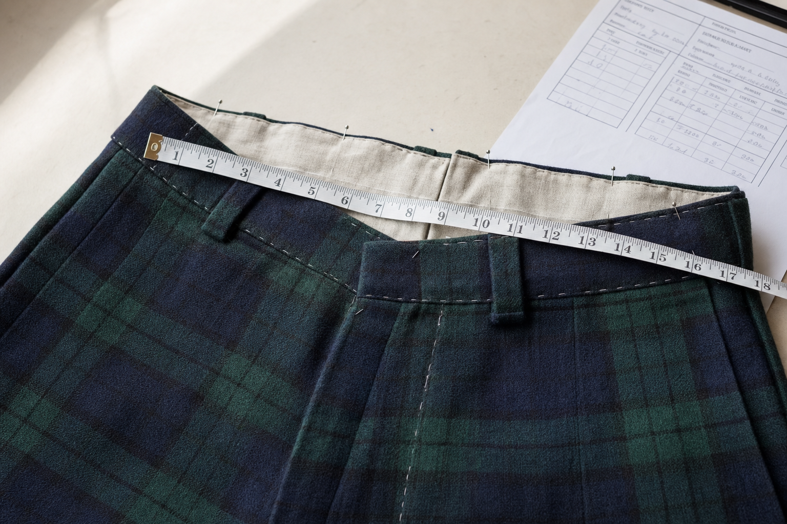 Pair of partially sewn tartan trousers with a measuring tape across the waistband.