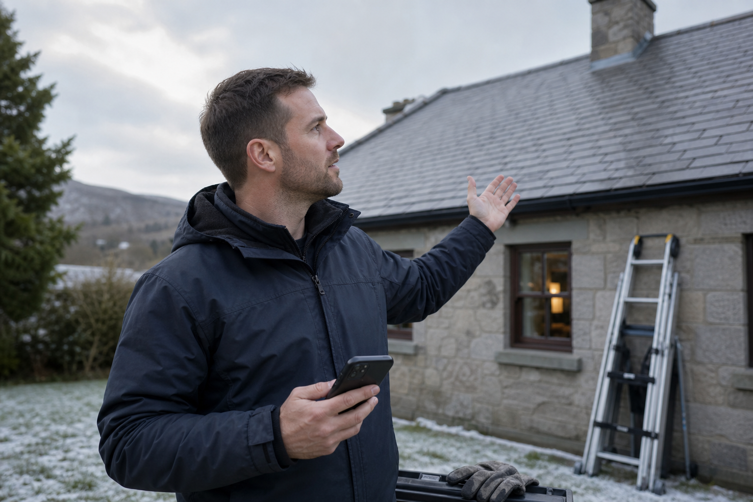 Man in winter jacket gesturing towards a house roof while holding a smartphone, with a ladder leaning against the wall.
