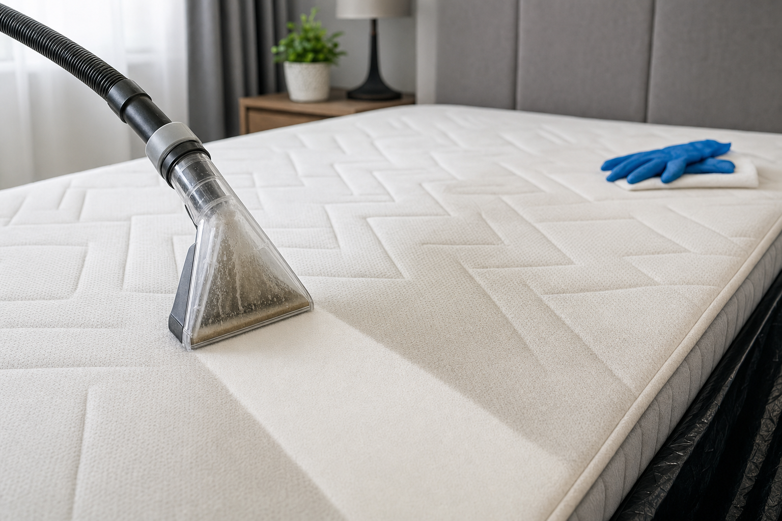 A vacuum cleaner attachment cleans a mattress with blue gloves nearby on a tidy bed.