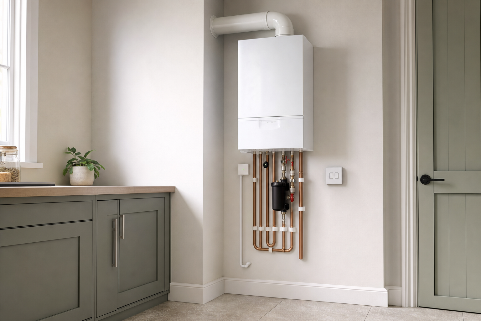 A modern kitchen features a white wall-mounted boiler with exposed copper pipes next to green cabinets.