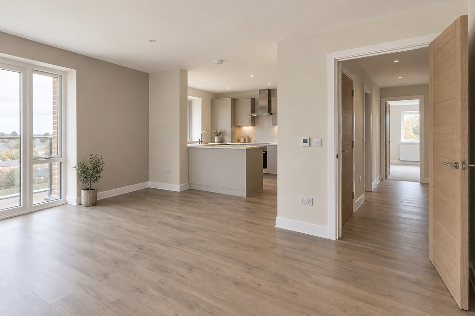 Modern open-plan flat with wooden flooring, featuring a kitchen, large windows, hallway, and beige walls.