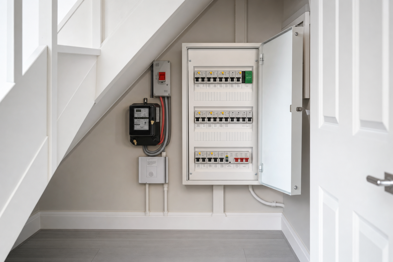 An open electrical panel with circuit breakers is installed under a staircase.