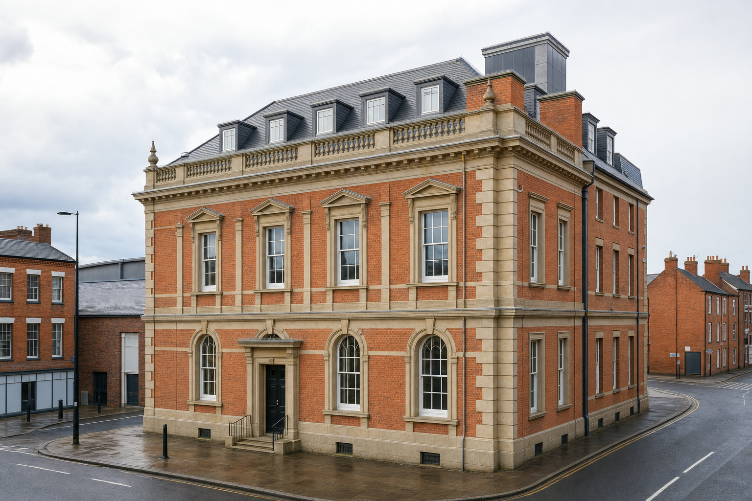 A historic red-brick building with cream stone detailing sits on a quiet street corner under a cloudy sky.