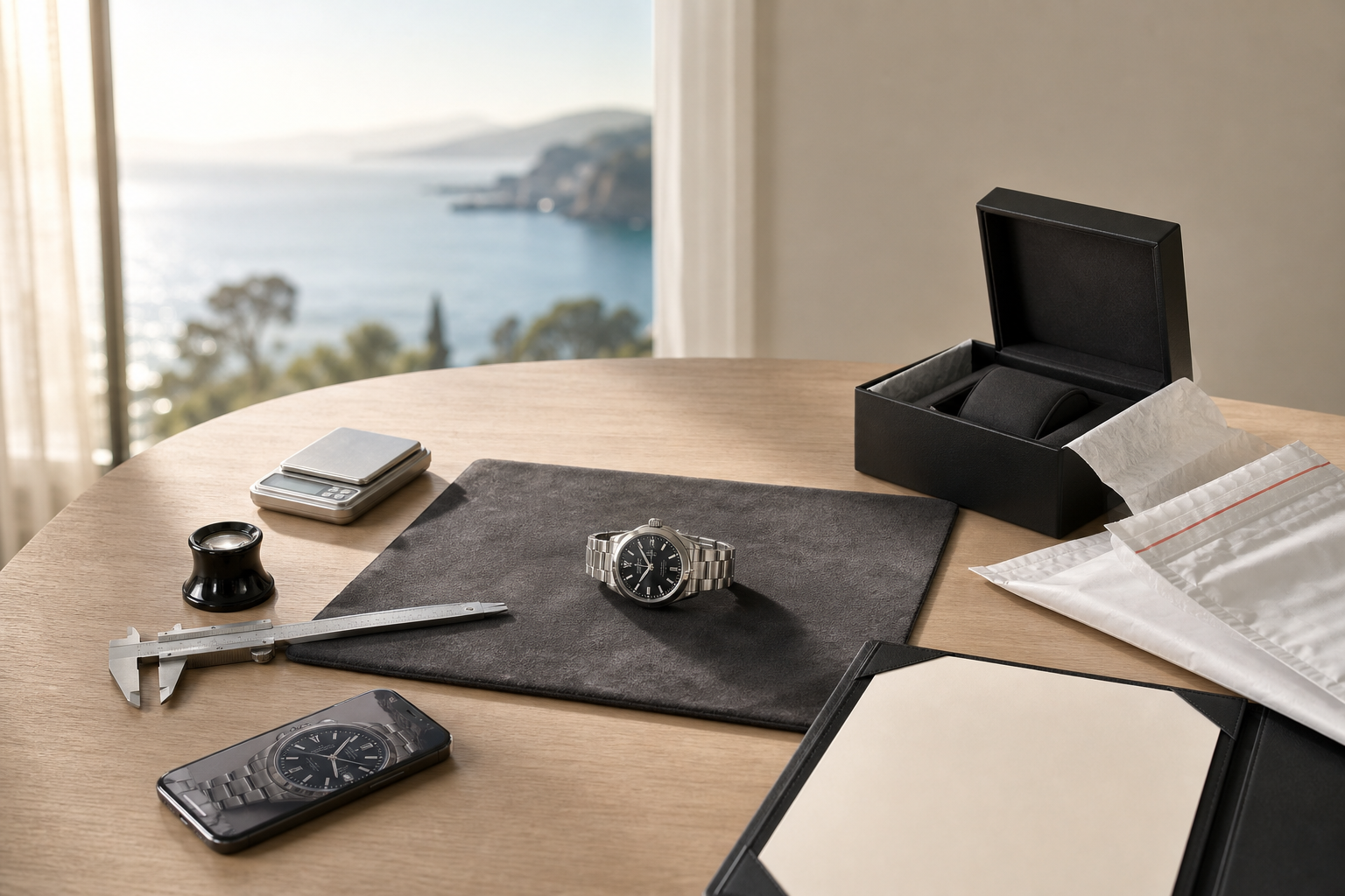 Luxury watch and accessories on a wooden table with a scenic ocean view in the background.