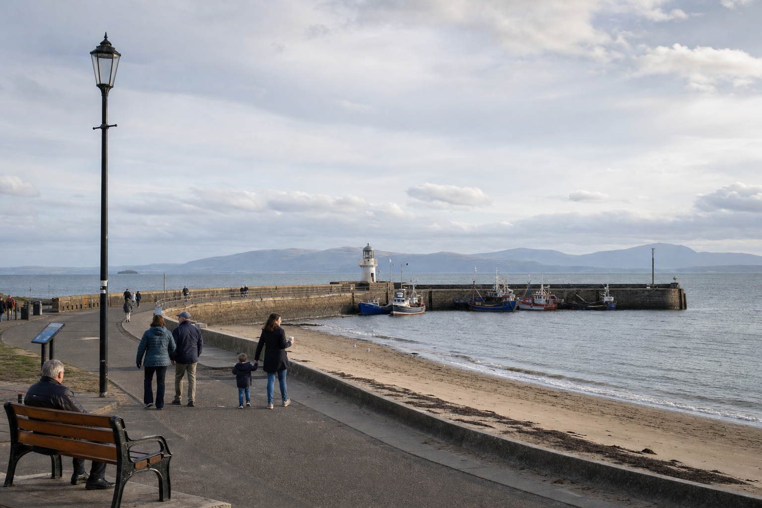 People walking along a coastal path near a lighthouse and anchored boats in a tranquil harbour setting.