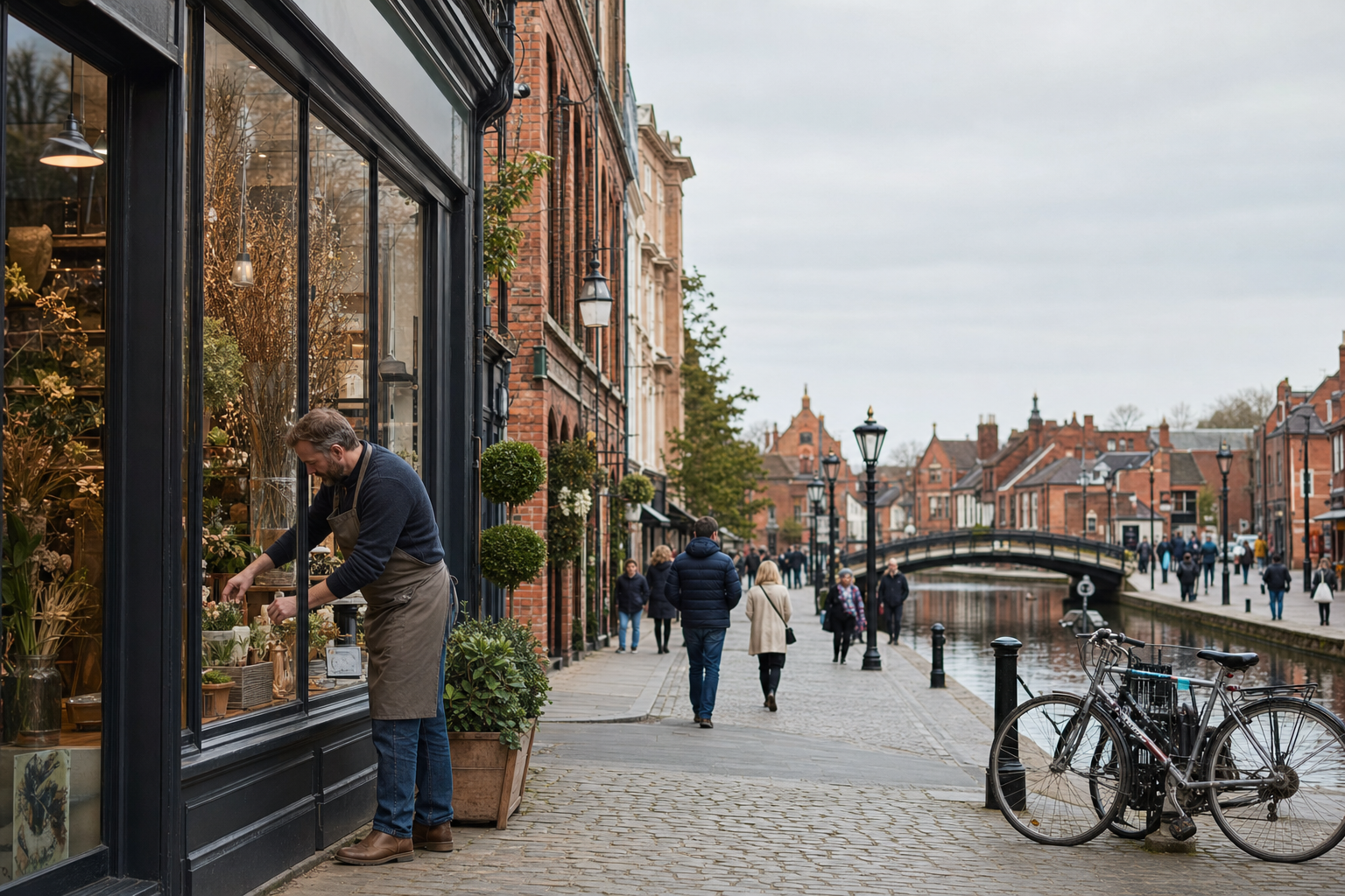 A man arranges flowers outside a shop on a cobblestone street by a canal, with people walking and a bridge in the background.