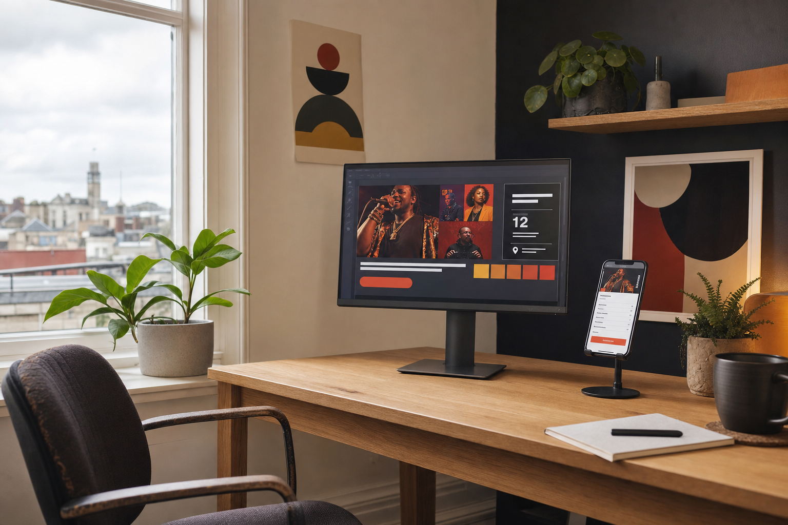 Home office setup with a monitor displaying musicians, a smartphone on a stand, and a view of rooftops through the window.