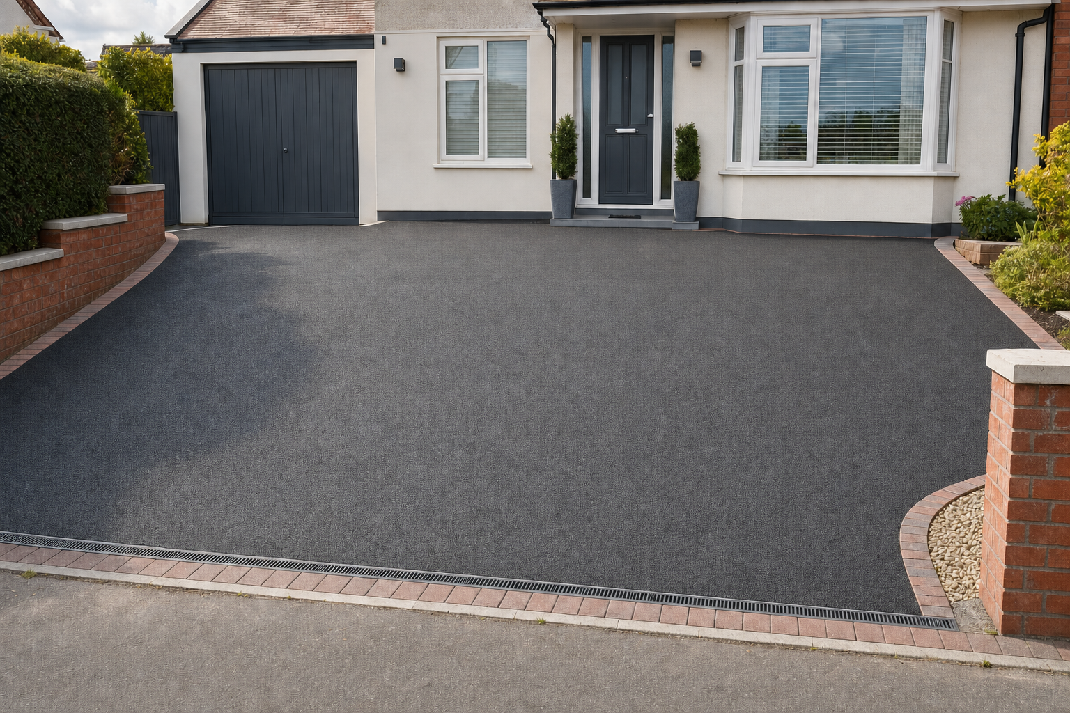 A modern house with a freshly paved driveway, featuring a dark grey garage door and a neatly trimmed hedge.
